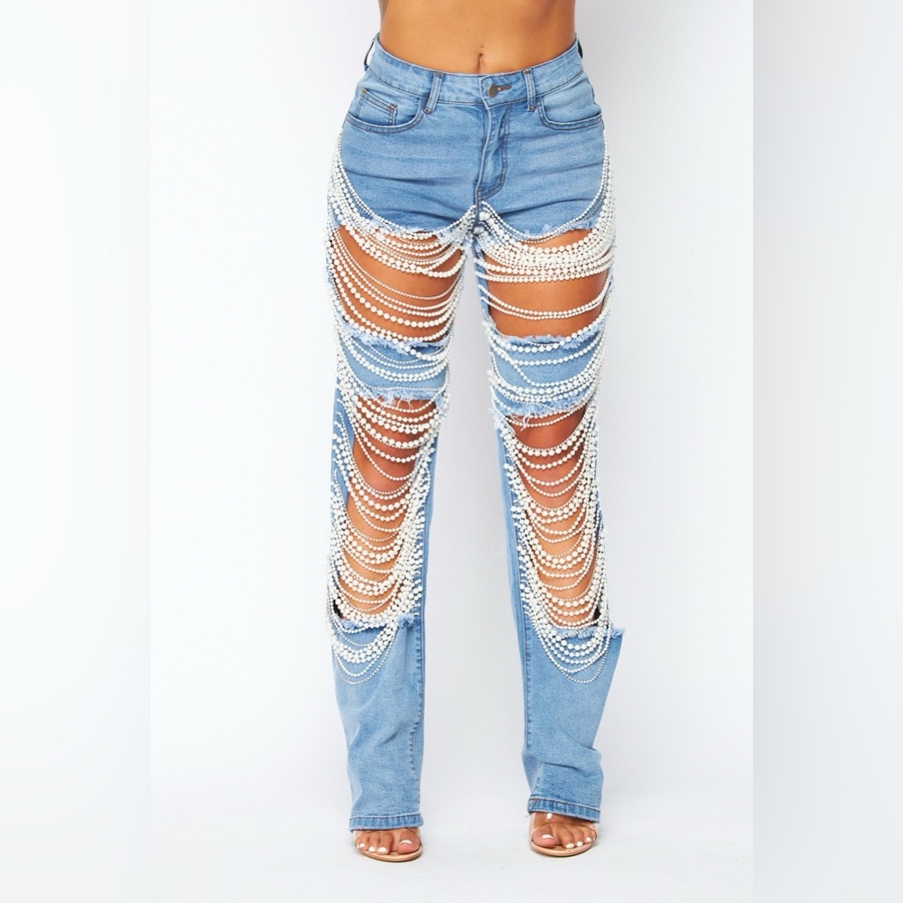 New Pearl and Rhinestone Detail Blue Denim Jeans Pants